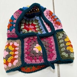 granny square knit blanket hoodie beanie ski mask multicolor rainbow crochet hat
